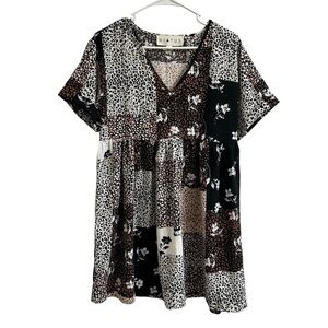 Hiatus Women’s Size S Patchwork Leopard Floral Print Short Sleeve Mini Dress